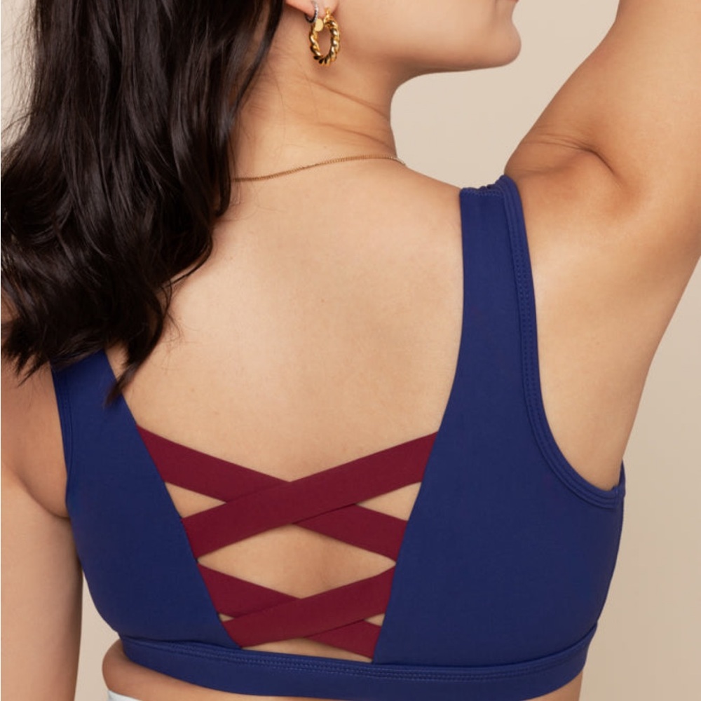 POPFLEX Blue and Burgundy Crisscross Sports Bra